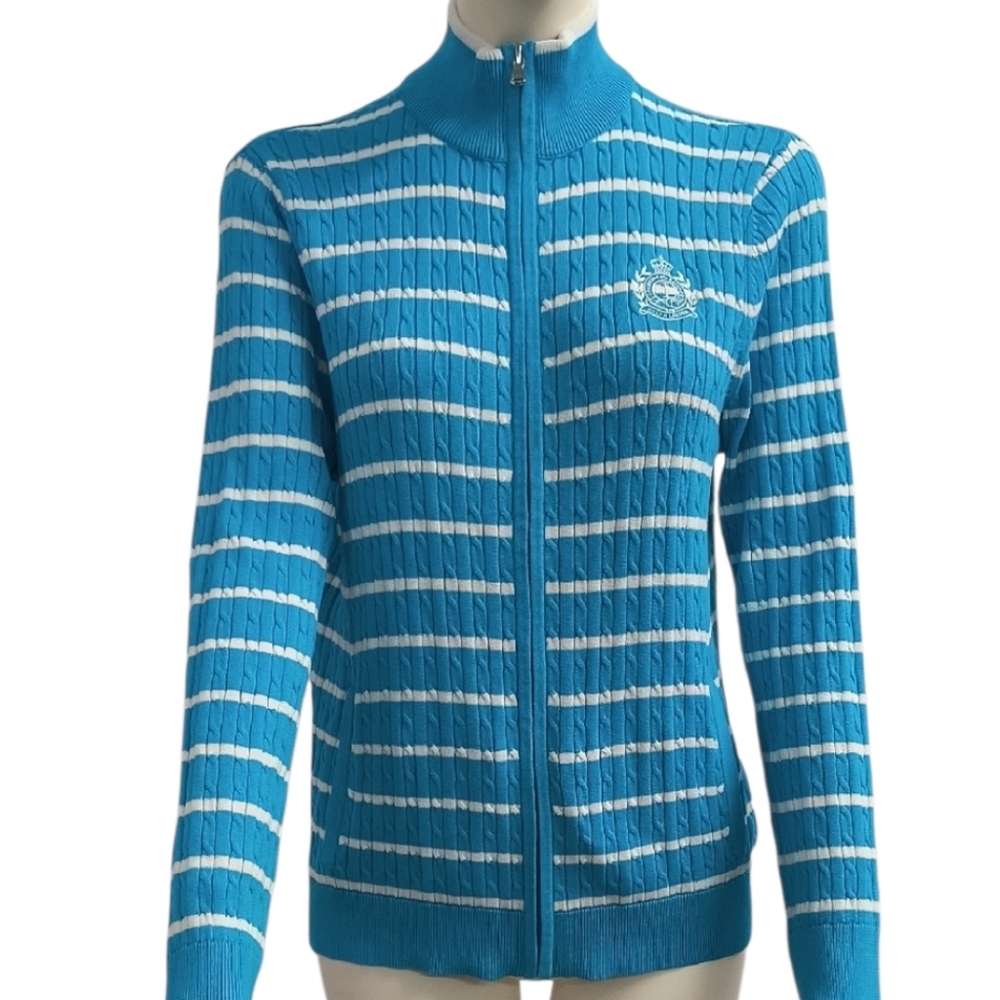 Y2K L-RL Lauren Active Cotton Knit Blue White Striped Zip Cardigan Sweater  XL